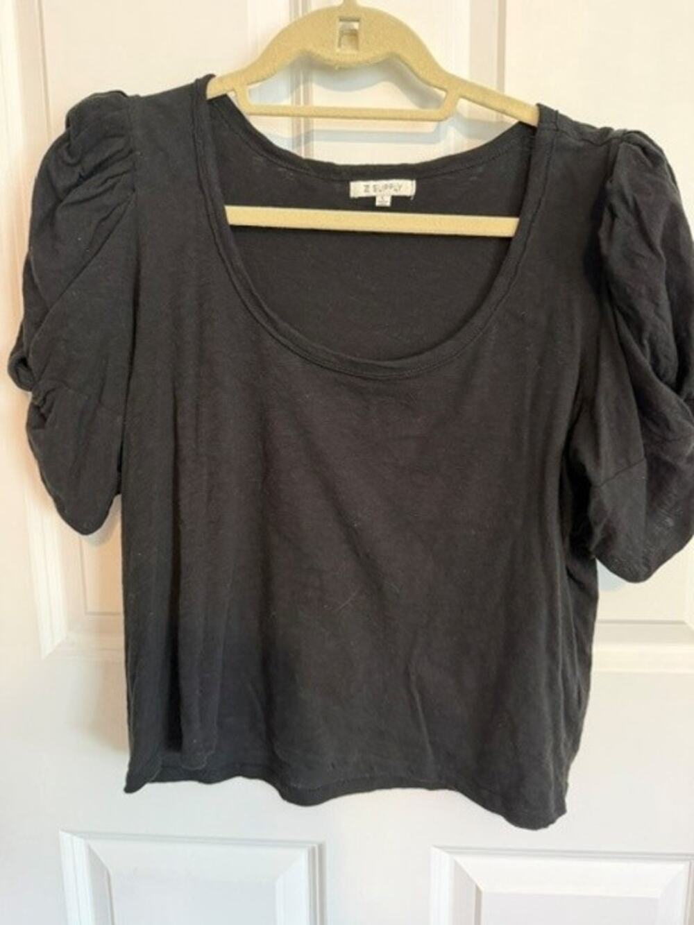 Z Supply Carrie Slub Puff Sleeve Black Top Large